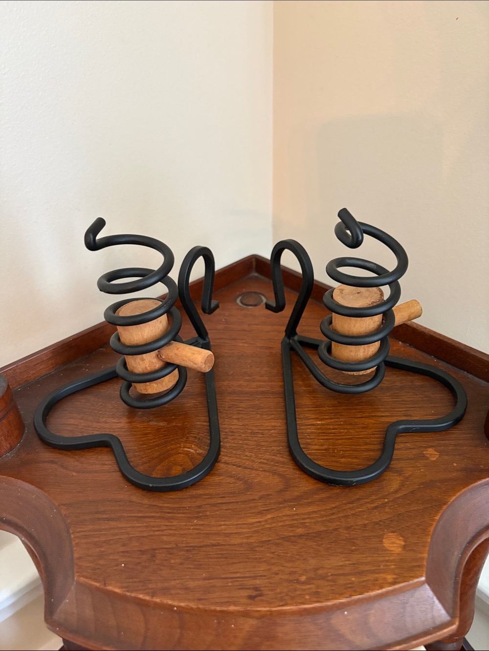 Charming Vintage Black Metal Heart Courting Candles w/ Wood Accents - PAIR